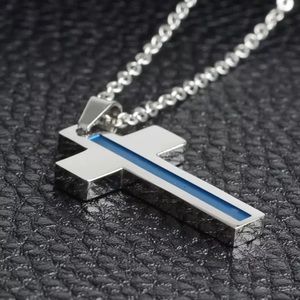 Thin Blue Line Cross Pendant Necklace 